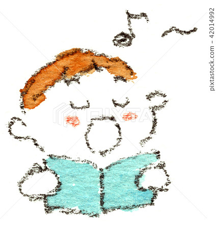 A boy singing with a musical score 42014992