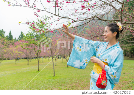 woman take selfie under the cherry tree and share woman take selfie under the cherry tree and share 42017092