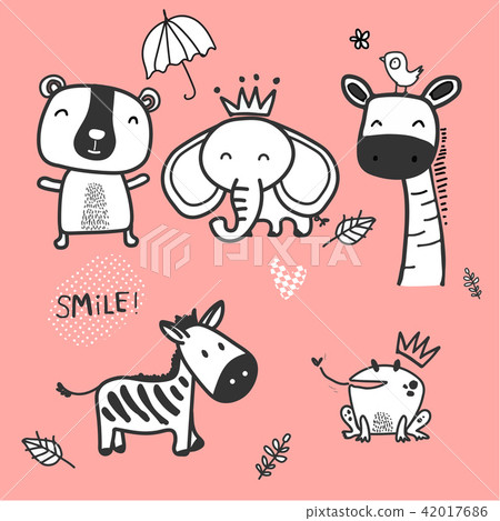 doodle cute wild animalon pink background 42017686