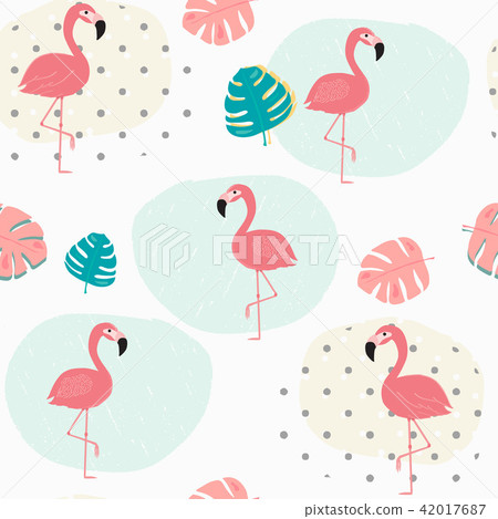 pastel tropical leafs and pink flamingo pattern  42017687
