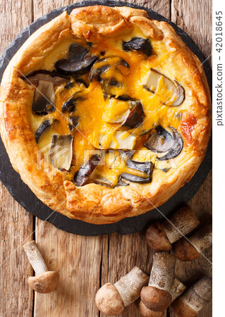 Tasty pie, quiche, pizza with mushrooms, cheddar 42018645