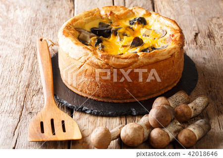 Delicious savory pie with wild mushrooms, cheddar Delicious savory pie with wild mushrooms, cheddar 42018646