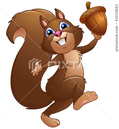 Happy cartoon squirrel holding acorn Happy cartoon squirrel holding acorn 42018683