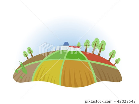 Farm field with trees and houses, fisheye view. Farming, ecotourism, kibbutz. Colorful flat vector 42022542
