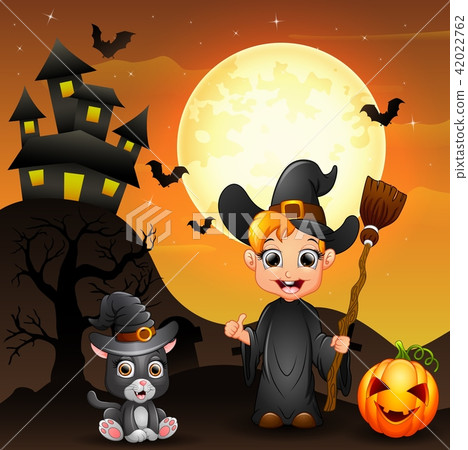 Halloween background with boy witch holding brooms 42022762