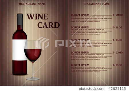 Wine card menu design with realistic bottle and glass. Restaurant wine list beverage menu, red Wine card menu design with realistic bottle and glass. Restaurant wine list beverage menu, red 42023113