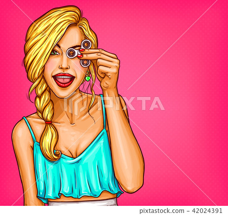 pop art illustration of a beautiful young woman playing with a fidget spinner. 42024391