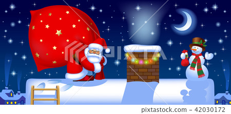 Santa Claus with a sack on the roof Santa Claus with a sack on the roof 42030172