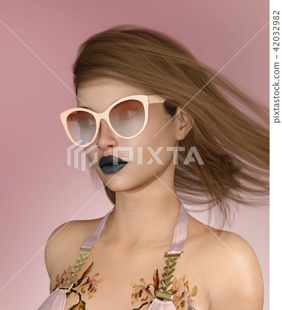 Young woman with sunglasses and tattoo in bikini 42032982