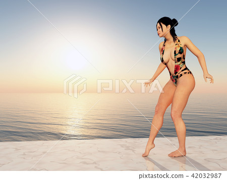 Beautiful Asian woman in swimsuit by the sea Beautiful Asian woman in swimsuit by the sea 42032987