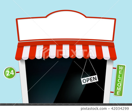 Facade of shop with a signboard and a storefront. Facade of shop with a signboard and a storefront. 42034299