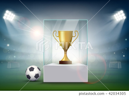Soccer ball with the golden cup at the stadium - Stock Illustration ...