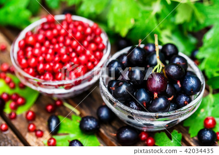 Ripe redcurrant and blackcurrant in glass bowls Ripe redcurrant and blackcurrant in glass bowls 42034435