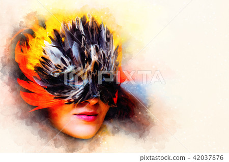 Young woman with a colorful feather carnival face mask and softly blurred watercolor background. Young woman with a colorful feather carnival face mask and softly blurred watercolor background. 42037876