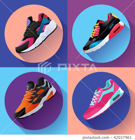 fitness sneakers shoes for training running shoe flat design with long shadow. Sport shoes set 42037961