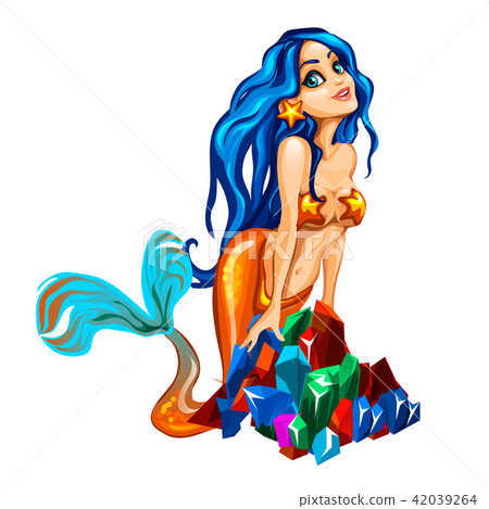 Sexy young mermaid with blue hair sitting on a bunch of multicolored gems isolated on white Sexy young mermaid with blue hair sitting on a bunch of multicolored gems isolated on white 42039264