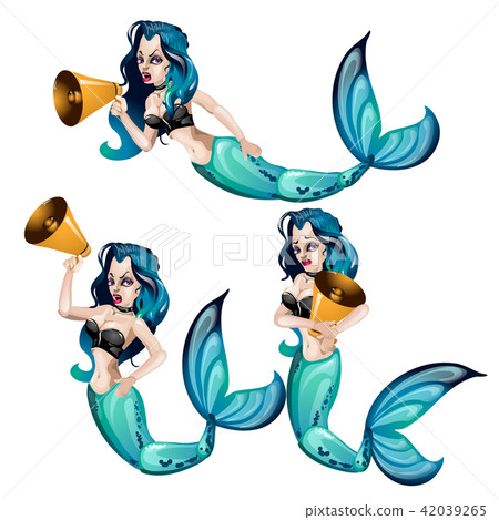 A set of animated mermaids, speaking into a megaphone or loudspeaker, isolated on white background 42039265