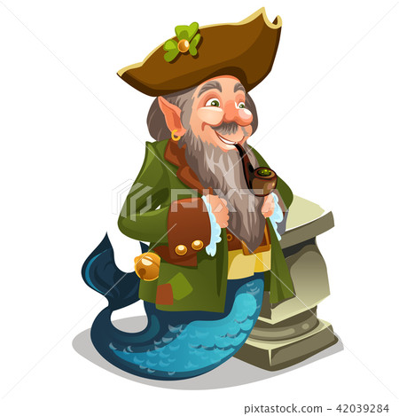 Sailor mermaid man leprechaun smokes a tobacco isolated on white background. Vector cartoon close-up Sailor mermaid man leprechaun smokes a tobacco isolated on white background. Vector cartoon close-up 42039284