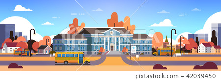 yellow bus in front of autumn school building yard pupils transport concept 1 september cityscape yellow bus in front of autumn school building yard pupils transport concept 1 september cityscape 42039450
