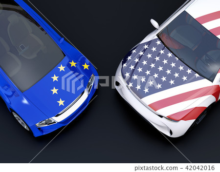 歐盟和美國國旗在車上。歐美汽車海關討價還價，貿易戰的概念 42042016