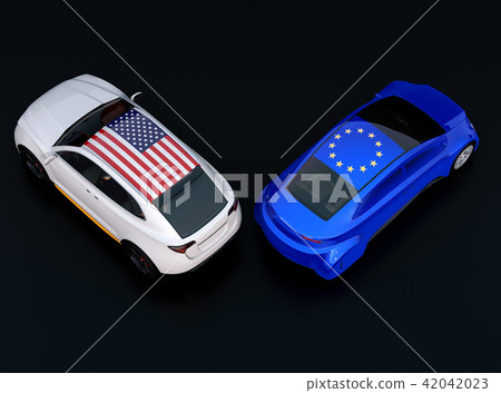 Flag of the United States and the EU to the car. Concept of car tariff multiplication and trade war outbreak in Europe and the United States 42042023