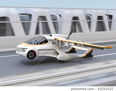 Concept image of a flying car taking off (landing) on a highway 42042025