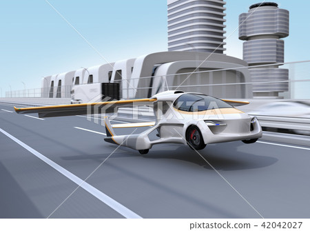 Concept image of a flying car taking off (landing) on a highway 42042027
