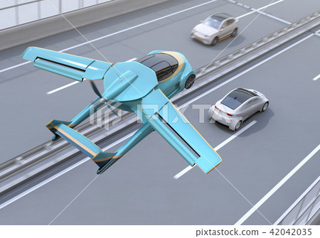 通過在高速公路的汽車的一輛飛行汽車(飛行汽車)的概念圖像 通過在高速公路的汽車的一輛飛行汽車(飛行汽車)的概念圖像 42042035