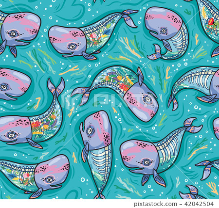 Seamless pattern with floral anatomy whales in cartoon style. Vector illustration 42042504