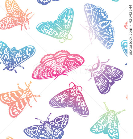 Colorful moths seamless pattern. Decorative hand drawn butterflies in trendy gradient isolated on 42042544