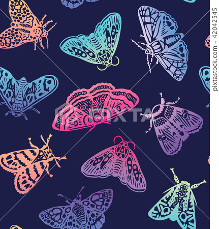 Colorful moths seamless pattern. Decorative hand drawn butterflies in trendy gradient isolated on 42042545