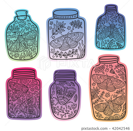 Hand drawn floral jars with moth and butterfly. Vector stickers with trendy gradient Hand drawn floral jars with moth and butterfly. Vector stickers with trendy gradient 42042546