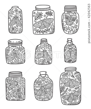 Nine hand drawn floral jar with moth and butterfly in outline. Ink vector illustration 42042563
