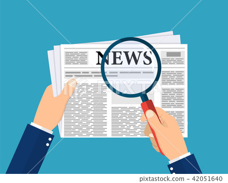 Hand holding newspaper and magnifying glass 42051640