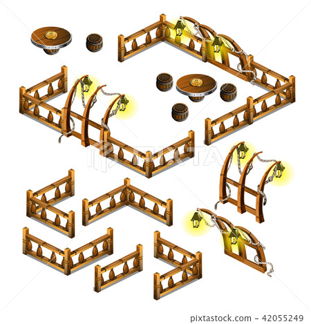 A set of fragments of wooden fences isolated on a white background. Street hanging lanterns. Vector A set of fragments of wooden fences isolated on a white background. Street hanging lanterns. Vector 42055249