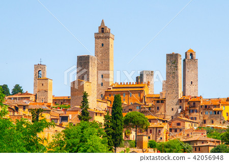 San Gimignano - medieval town with many stone towers, Tuscany, Italy. Panoramic view of cityscape 42056948
