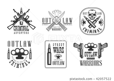 Vector set of black and white emblems related to ghetto theme. Outlaw life. Labels with brass Vector set of black and white emblems related to ghetto theme. Outlaw life. Labels with brass 42057522