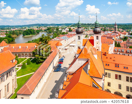 Aerial view of Telc with main square and towers of church of the Holy Name of Jesus, Czech Republic Aerial view of Telc with main square and towers of church of the Holy Name of Jesus, Czech Republic 42057618