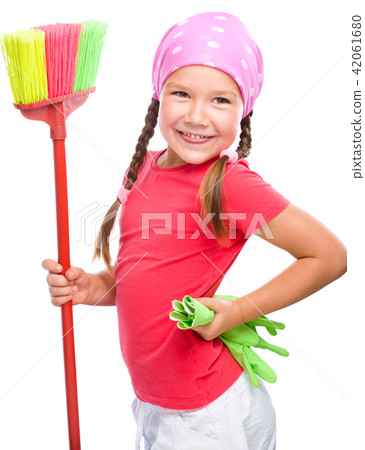 Young girl is dressed as a cleaning maid Young girl is dressed as a cleaning maid 42061680