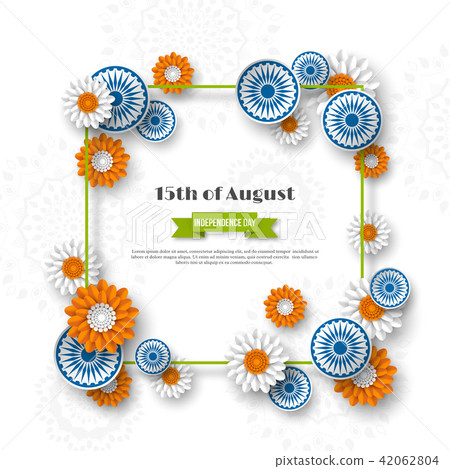 Indian Independence day holiday design. 3d wheels, frame and flowers in traditional tricolor of 42062804