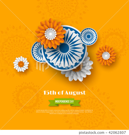 Indian Independence day holiday design. 3d wheels with flowers in traditional tricolor of indian 42062807