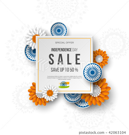 Indian Independence day sale banner. 3d wheels with flowers in traditional tricolor of indian flag Indian Independence day sale banner. 3d wheels with flowers in traditional tricolor of indian flag 42063104