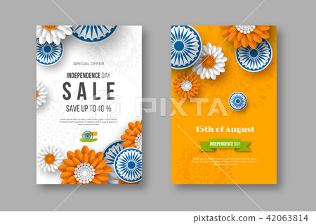 Indian Independence day sale posters. 3d wheels with flowers in traditional tricolor of indian flag Indian Independence day sale posters. 3d wheels with flowers in traditional tricolor of indian flag 42063814