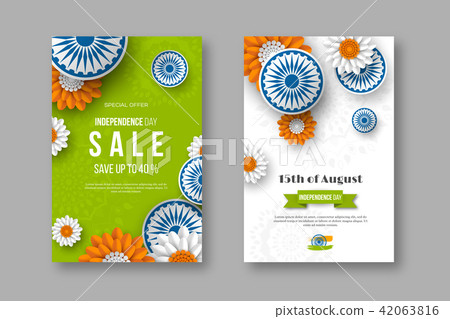 Indian Independence day sale posters. 3d wheels with flowers in traditional tricolor of indian flag Indian Independence day sale posters. 3d wheels with flowers in traditional tricolor of indian flag 42063816