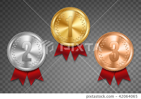 Creative vector illustration of realistic gold, silver and bronze medal set on colorful ribbon Creative vector illustration of realistic gold, silver and bronze medal set on colorful ribbon 42064065