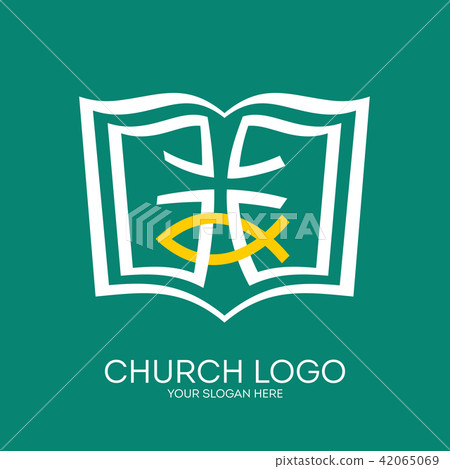 Christian symbols. Bible, cross and Jesus fish. Christian symbols. Bible, cross and Jesus fish. 42065069