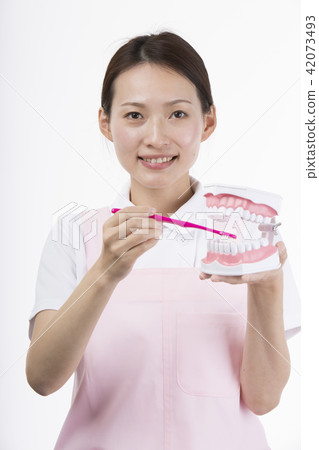 A woman in a white suit smiling while placing a toothbrush on a tooth model 42073493