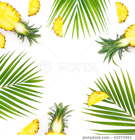 Frame of sliced pineapple fruits and palm leaves 42073981