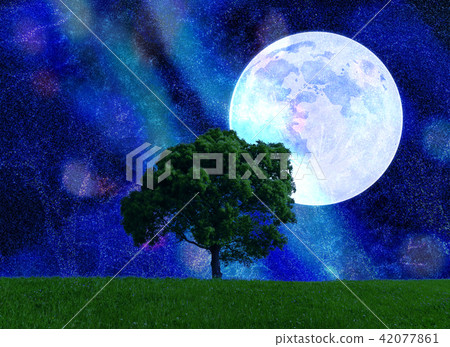 神奇的月亮，銀河系和草原和樹 - 閃閃發光的夏天的星空圖像 42077861