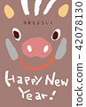 Wild boar's face up New Year's cards New Year's material with words and sentences 42078130